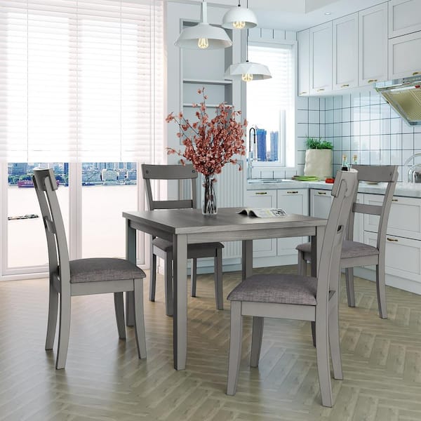 Clihome 5-Piece MDF Top Dining Table Set Industrial Wooden Kitchen Table and 4-Chairs for Dining Room (Grey)