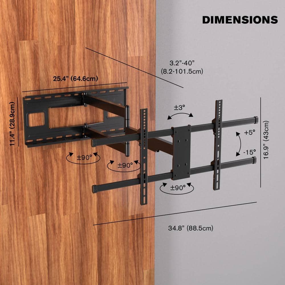 Black Full-Motion Articulating TV Wall Mount with Long Arm