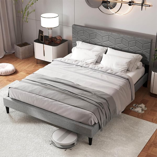 Gray Wood Frame Queen Size Platform Bed Frame with Linen Fabric Upholstered Headboard and Wooden Slat Support