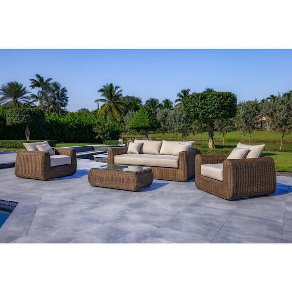 Outsy Milo Lux 4-Piece Patio Extra Deep Seating Wicker Aluminum Frame Conversation Set with Wicker Coffee Table in Brown