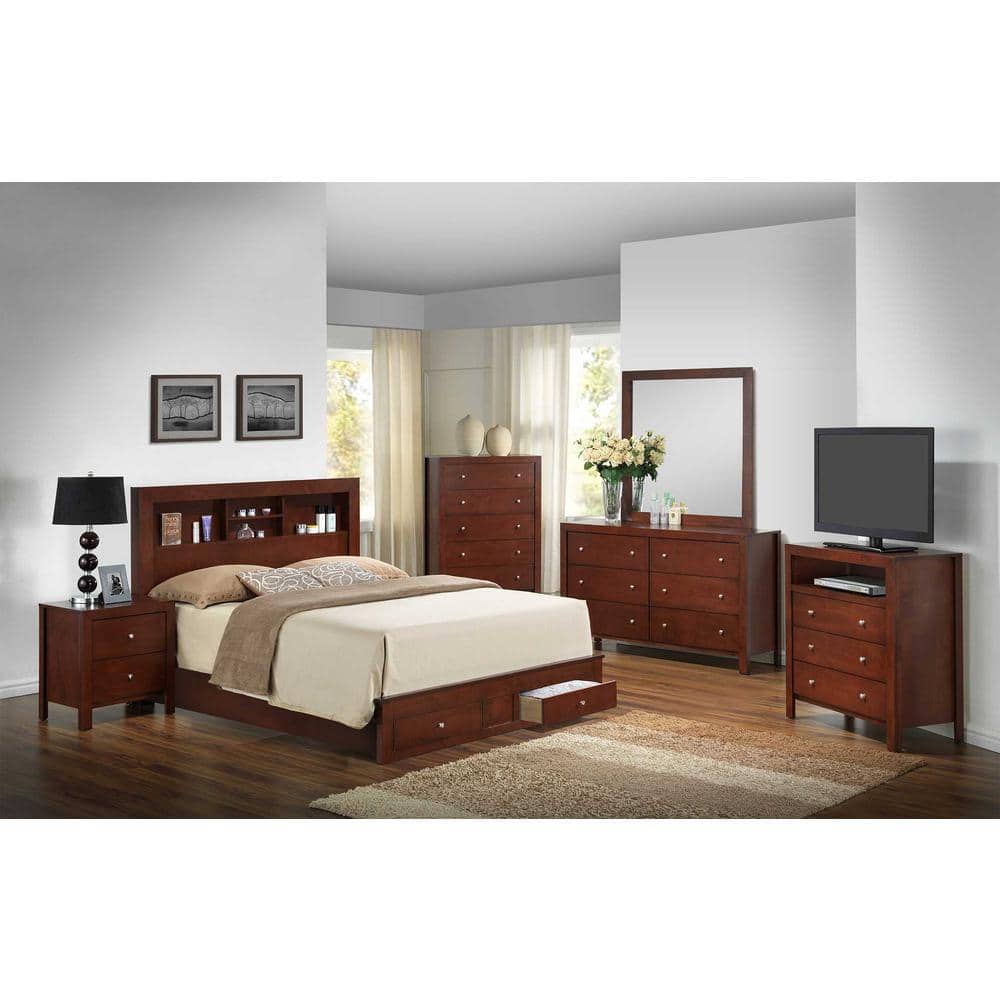 Cherry Full Double Captain's Bed with Upholstered Headboard and Storage