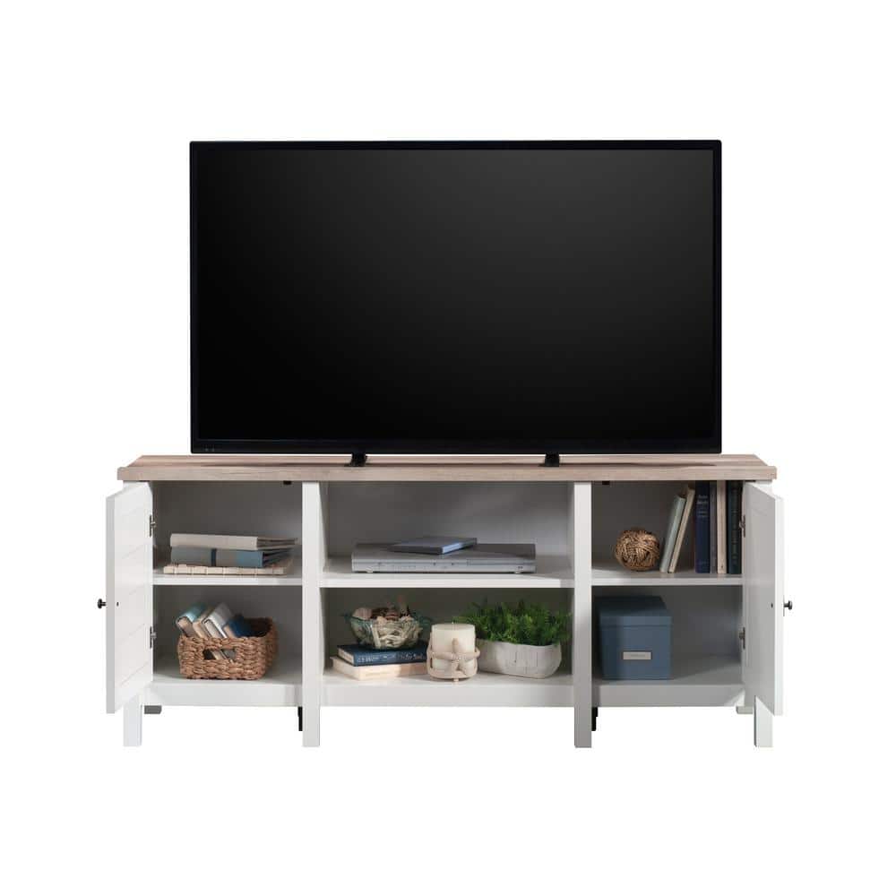 Soft White Farmhouse TV Stand with Cabinets and Shelves