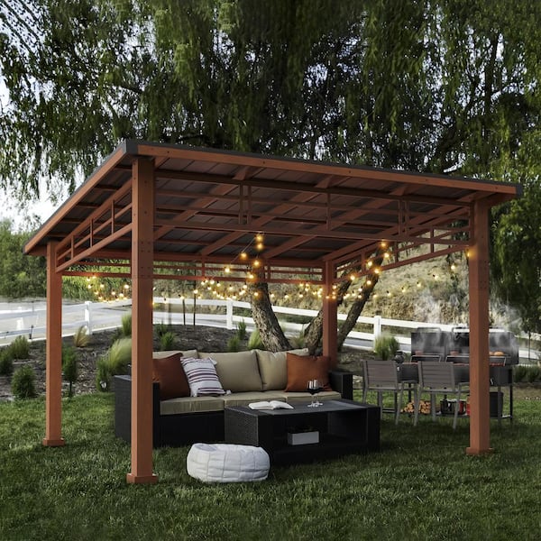 LUE BONA Hampton 12 ft. x 14 ft. Brown Cedar Wooden Gazebo