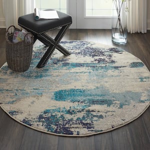 Celestial Ivory/Teal Blue 4 ft. x 4 ft. Abstract Modern Round Area Rug