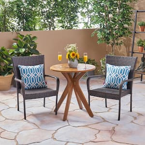 Sanders Multi-Brown 3-Piece Wood and Faux Rattan Outdoor Bistro Set