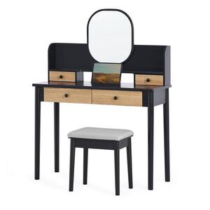 Vanity Table Set with Round Mirror and 4 Drawers, Makeup Dressing Table with Padded Stool, One Slot for Placing iPad