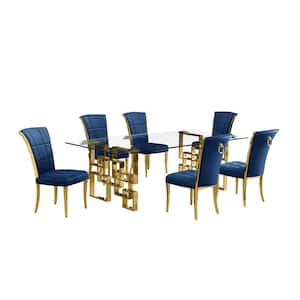 Dominga 7-Piece Rectangular Glass Top Gold Stainless Steel Dining Set with 6 Navy Blue Velvet Fabric Gold Chrome Chair