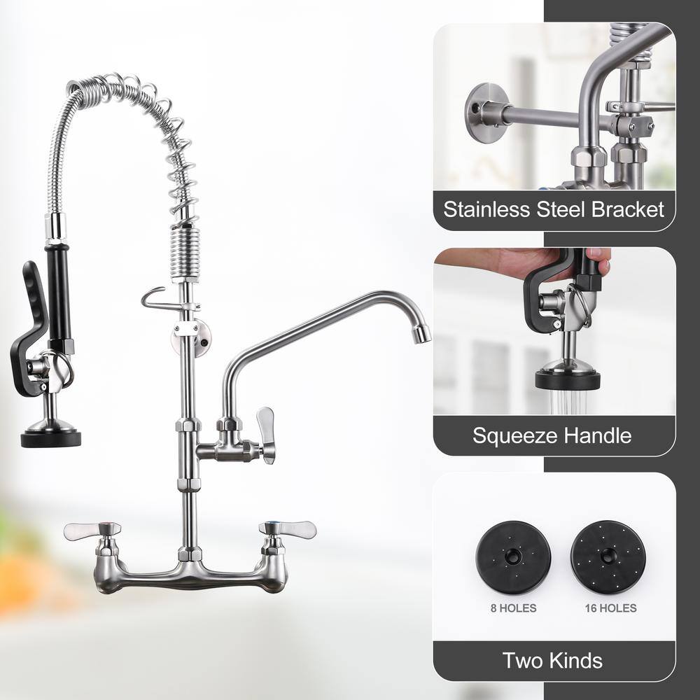 Brushed Nickel Wall Mount Commercial Kitchen Faucet with Pull Down Spray