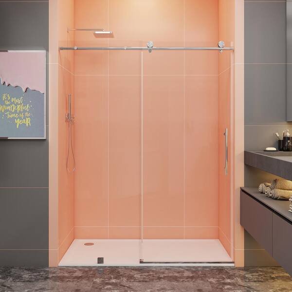 MCOCOD 60 in. W x 76 in. H Single Sliding Frameless Soft Close Shower Door in Brushed Nickel with 5/16 in. (8 mm) Clear Glass