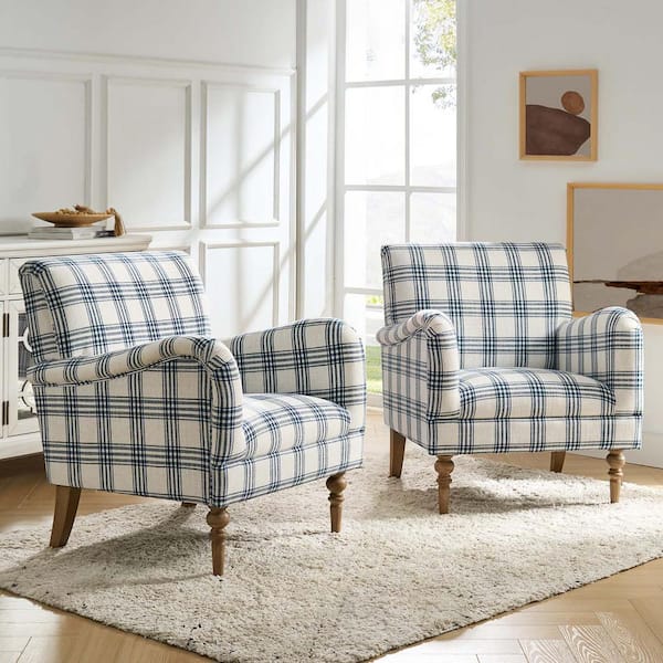 Mandan Navy Contemporary And Classic Upholstered Plaid Pattern Accent Armchair With Turned Solid Wood Legs Set Of 2