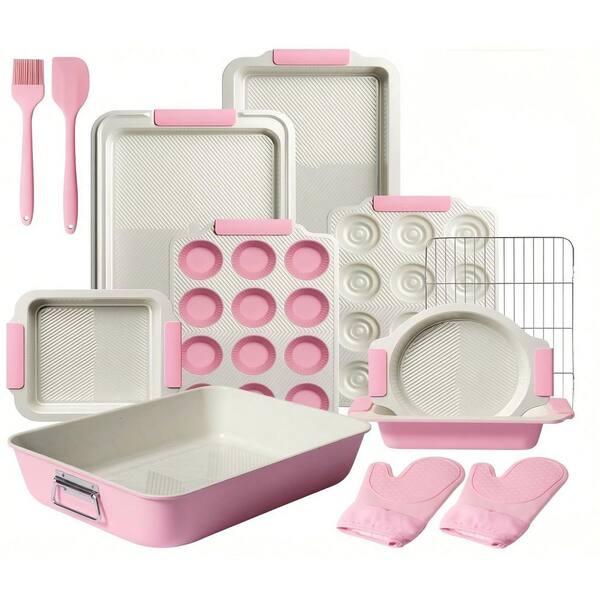25-Piece Pink Stainless Steel Stackable Bakeware Set with Silicone Handles for Home Kitchen Baking Cookies and Pastries