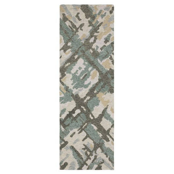 AVERLEY HOME Keenan Gray/Teal 2 ft. x 8 ft. Abstract Contemporary Layered Wool Mixed-Pile Hand-Tufted Indoor Runner Area Rug