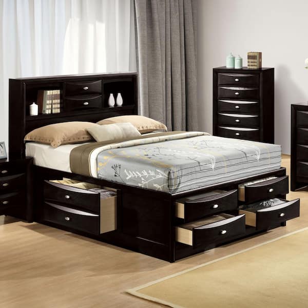 Furniture of America Lanten Black Wood Frame Full Platform Bed with Footboard Drawers, Side Rail Drawers and Headboard Bookcase