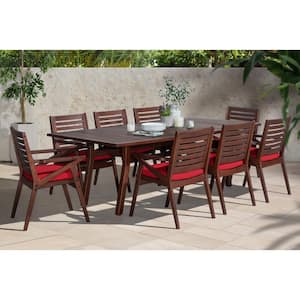 Vaughn Wood Outdoor 9-Piece Dining Set with Sunset Red Cushions