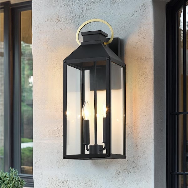 TRUE FINE Fremont 2-Light 20.5 in. Black Outdoor Wall Lantern Sconce Light with Gold Accent
