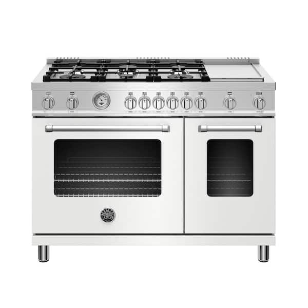 Bertazzoni Master Series 48" 7.2 cu. ft. Double Oven Gas Range with Dual Convection Oven, 6 Burners, and Griddle in Matte White