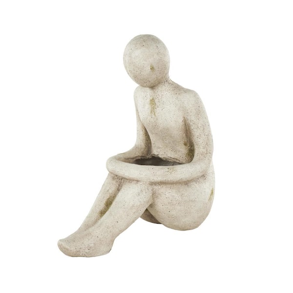 17 x 16 x 8 in. Cream Stone Sitting People Decorative Planter