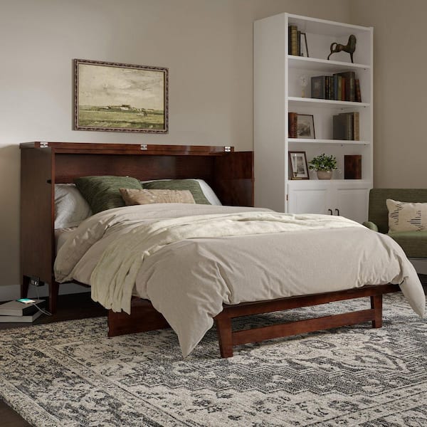 Santa Fe Walnut Brown Solid Wood Frame Queen Murphy Bed Chest with Mattress and Built-in Charger