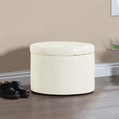 Designs4Comfort Ivory Faux Leather Round Shoe Storage Ottoman