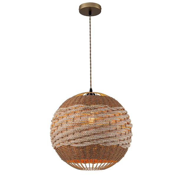 ELE Light & Decor Palma 1-Light 2-Tone Natural Woven Globe Pendant Light in Brass Finish