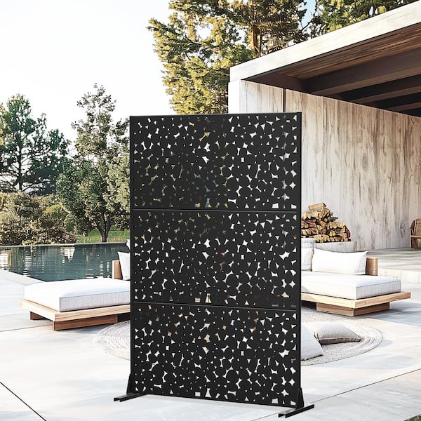 Lirago 72 in. H x 47 in. W Outdoor Metal Privacy Screen Garden Fence Cobble Pattern Wall Applique in Black