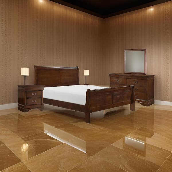 Benjara Fy 4-Piece Cherry Brown and Antique Brass Wood Queen Size Bedroom Set with Antique Brass Metal Handles