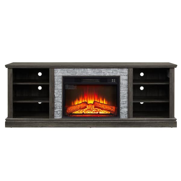 70 in. Freestanding Large TV Desk Storage Rack with Faux Stacked Stone Surround, with Large Storage Cabinet, Grey