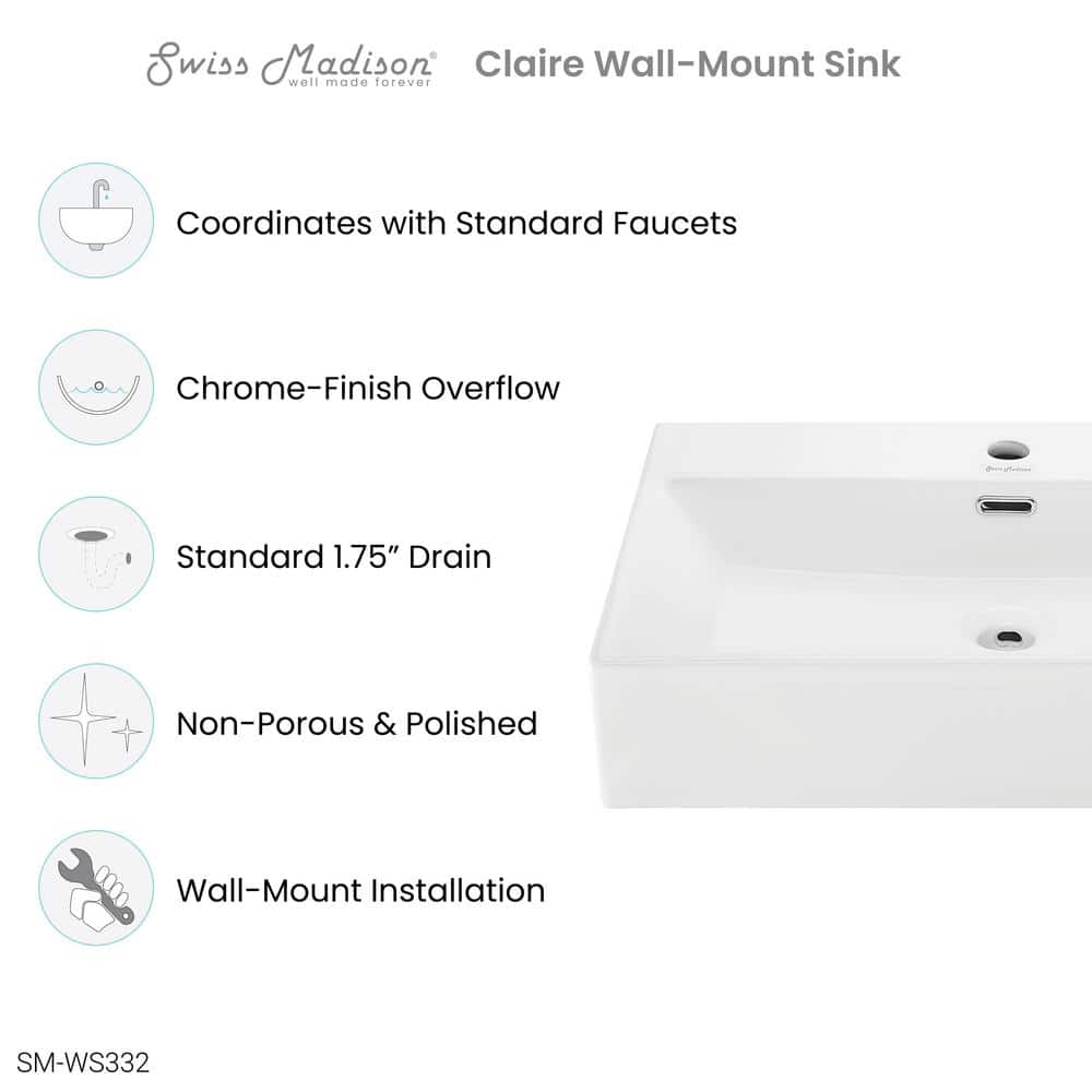 Claire 24" Glossy White Ceramic Wall-Mount Bathroom Sink
