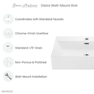 Claire 23.63 in. Rectangle Wall Mount Bathroom Sink in Glossy White