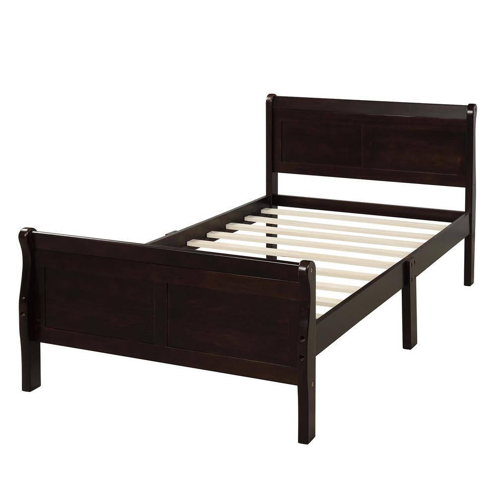 Espresso Twin Size Platform Bed Frame, Twin Wood Bed Frame with Headboard and Footboard for Bedroom Kids, Girls, boys -  URTR, T-01025-P