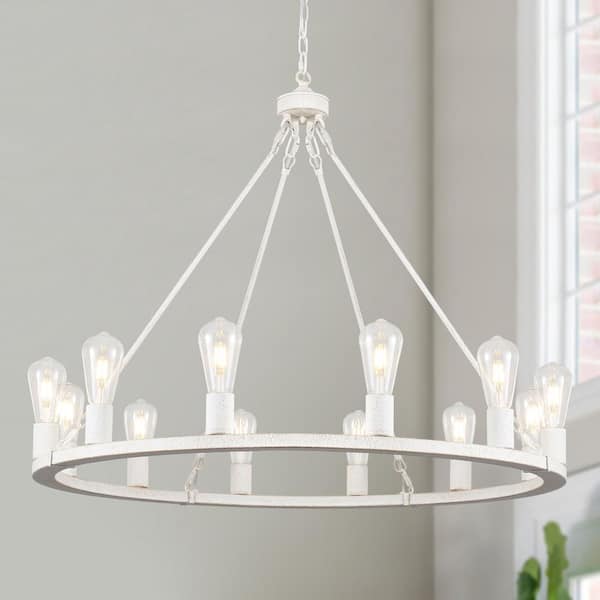 ZJVAIVE 12-Light Vintage White Circle Candle Design Wagon Wheel Chandelier Linear Chandelier Lighting for Dining Room