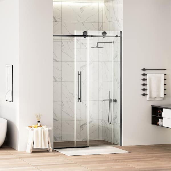 48 in. W x 75 in. H Sliding Frameless Shower Door in Matte Black with Tempered Glass