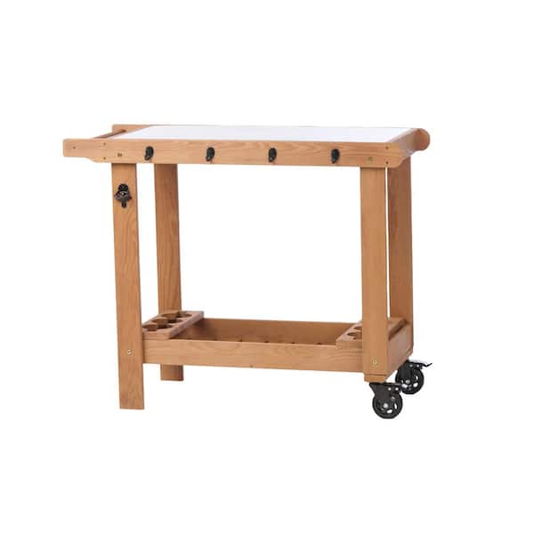 19.7 in. W x 34.6 in. H Potting Shed, Outdoor Solid Wood Garden Cart Table with Wheels, Brown