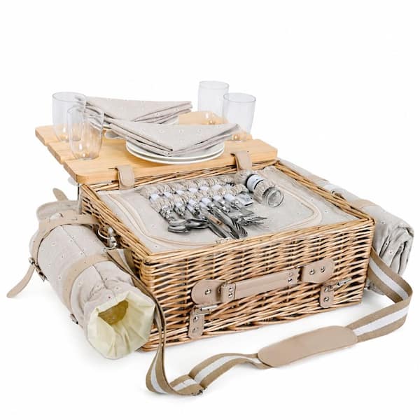 Floral 4-Person Wicker Picnic Basket Set with Detachable Lid Table, Blanket and Full Tableware