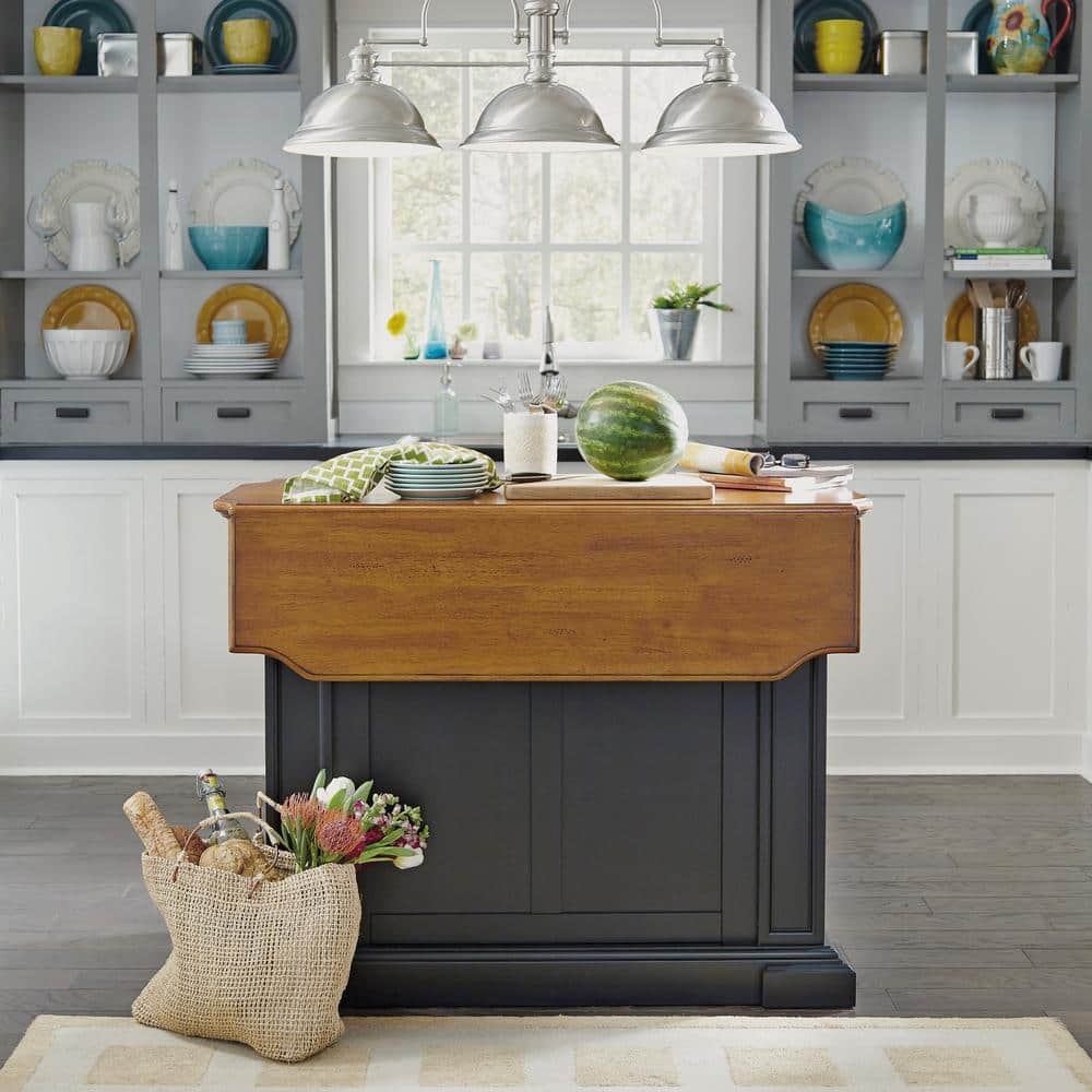 Black and Distressed Oak Kitchen Island with Drop Leaf