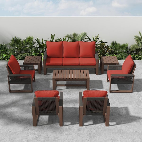 8-Piece Hemlock Wood Patio Set with 3-Seat Sofa, 4-Armchairs, Coffee Table and Side Tables, Red Cushions