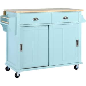 Green Rubber Wood 52 in. Kitchen Island with Drop-Leaf, Sliding Barn Door and Adjustable Shelf