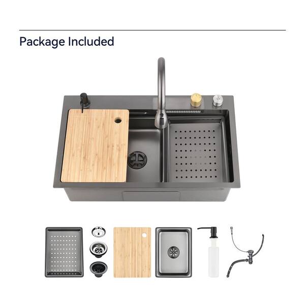29.5 in. Drop-In Single Bowl Black Stainless Steel Workstation Kitchen Sink with Faucet and Accessories