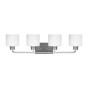 Canfield 31 in. 4-Light Brushed Nickel Minimalist Modern Wall Bathroom Vanity Light with Etched White Glass Shades