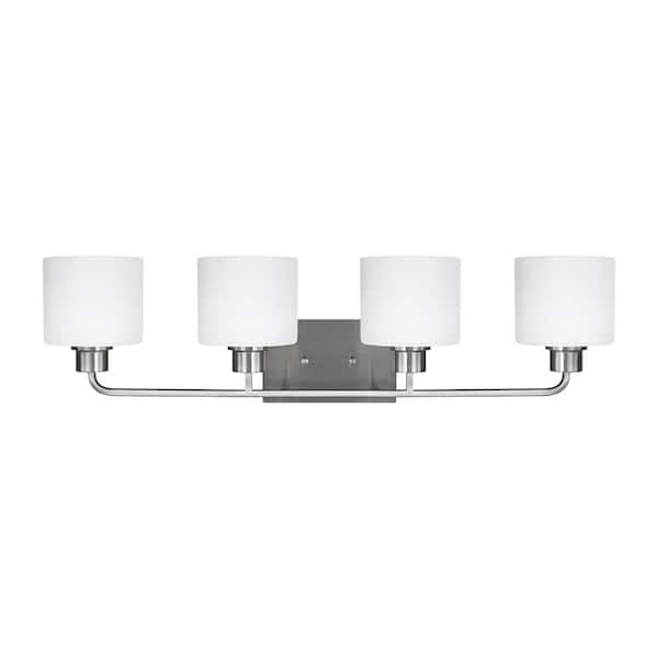 Generation Lighting Canfield 31 in. 4-Light Brushed Nickel Minimalist Modern Wall Bathroom Vanity Light with Etched White Glass Shades