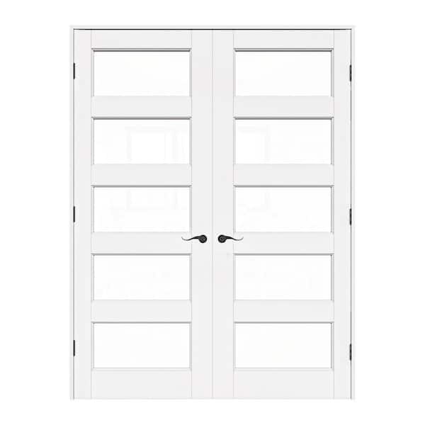 64 in. x 80 in. Universal 5-Lite Clear Glass White Solid Core Wood Double Prehung French Door with Quick Assemble Jamb
