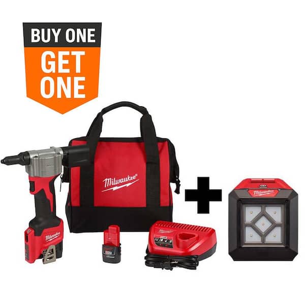 M12 12-Volt Lithium-Ion Cordless Rivet Tool Kit with (2) 1.5Ah Batteries, Charger and 1000 Lumens M12 Flood Light