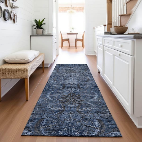 Mayfield Premium Machine Washable Abstract AMF1082 Navy 2 ft. 3 in. x 7 ft. 6 in. Runner Rug