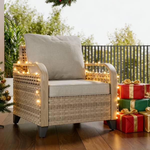 Brown Wicker Outdoor Lounge Chair Patio Dining Chair with Gray Cushions (1-Pack)