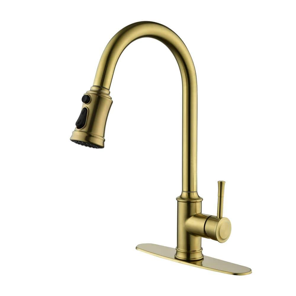 Single Handle Pull Down Sprayer Kitchen Faucet with Advanced Spray Gooseneck Stainless Steel Sink Taps in Brushed Gold -  FLG, DD-0043-BG