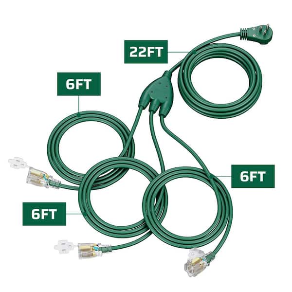 50FT (22+6+6+6) 16/3 Outdoor Extension Cord with 360° Rotating Flat Plug Weatherproof Power Cord for Holiday Lights