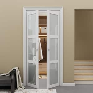 36 in. x 80 in. 3-Lite Frosted Glass Solid Core White Finished (Pivot French) Bi-fold Door with Pivot Hardware