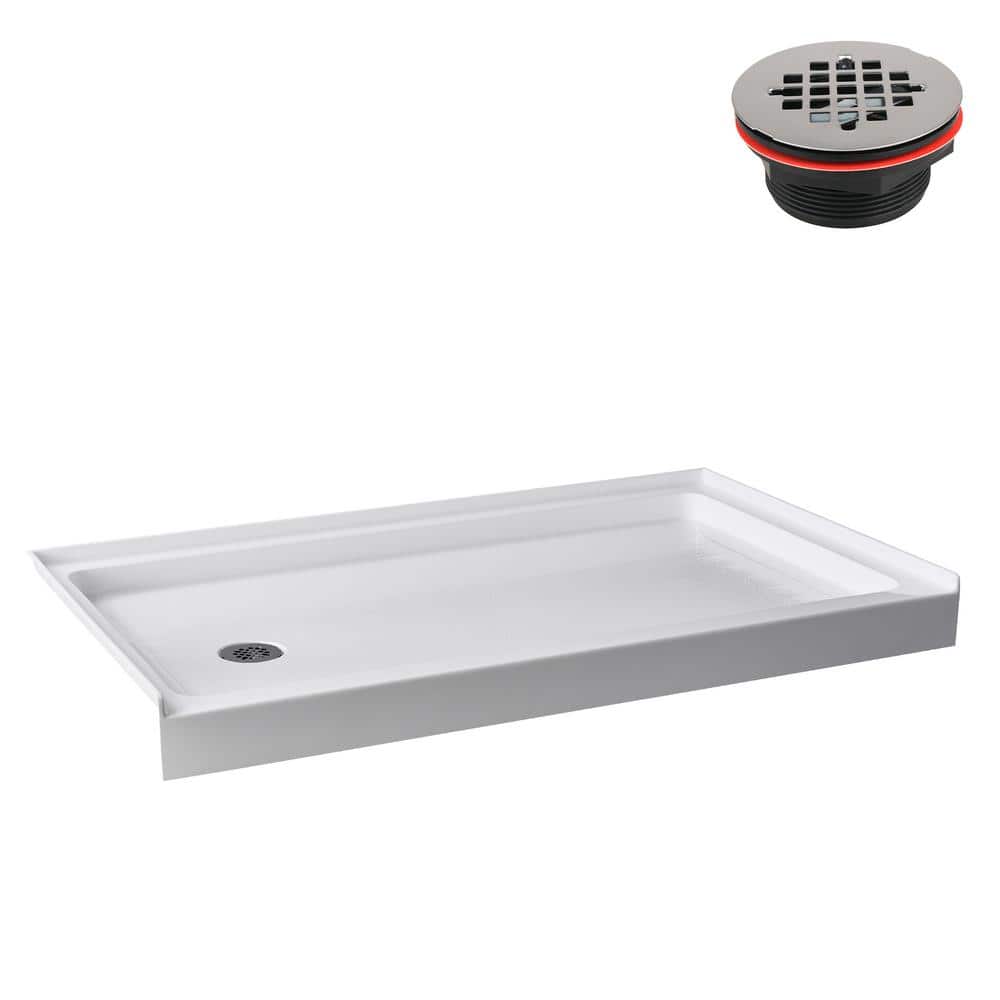 Glossy White Rectangular Acrylic Alcove Shower Base with Left Drain