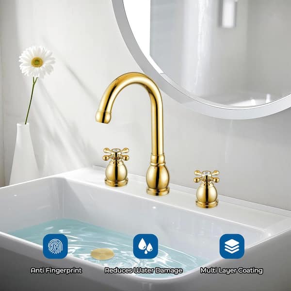 Double Handles 8 in. Widespread Bathroom Faucet 3-Hole Sink Faucet with Pop-Up Drain in Polished Gold