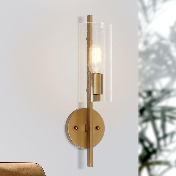 Uolfin 17 in H. Modern Cylinder Powder Room Wall Sconce 1-Light Large Brass Gold Bathroom Single Light Seeded Glass Shade D7Q7NUHD23858UI - The Home Depot